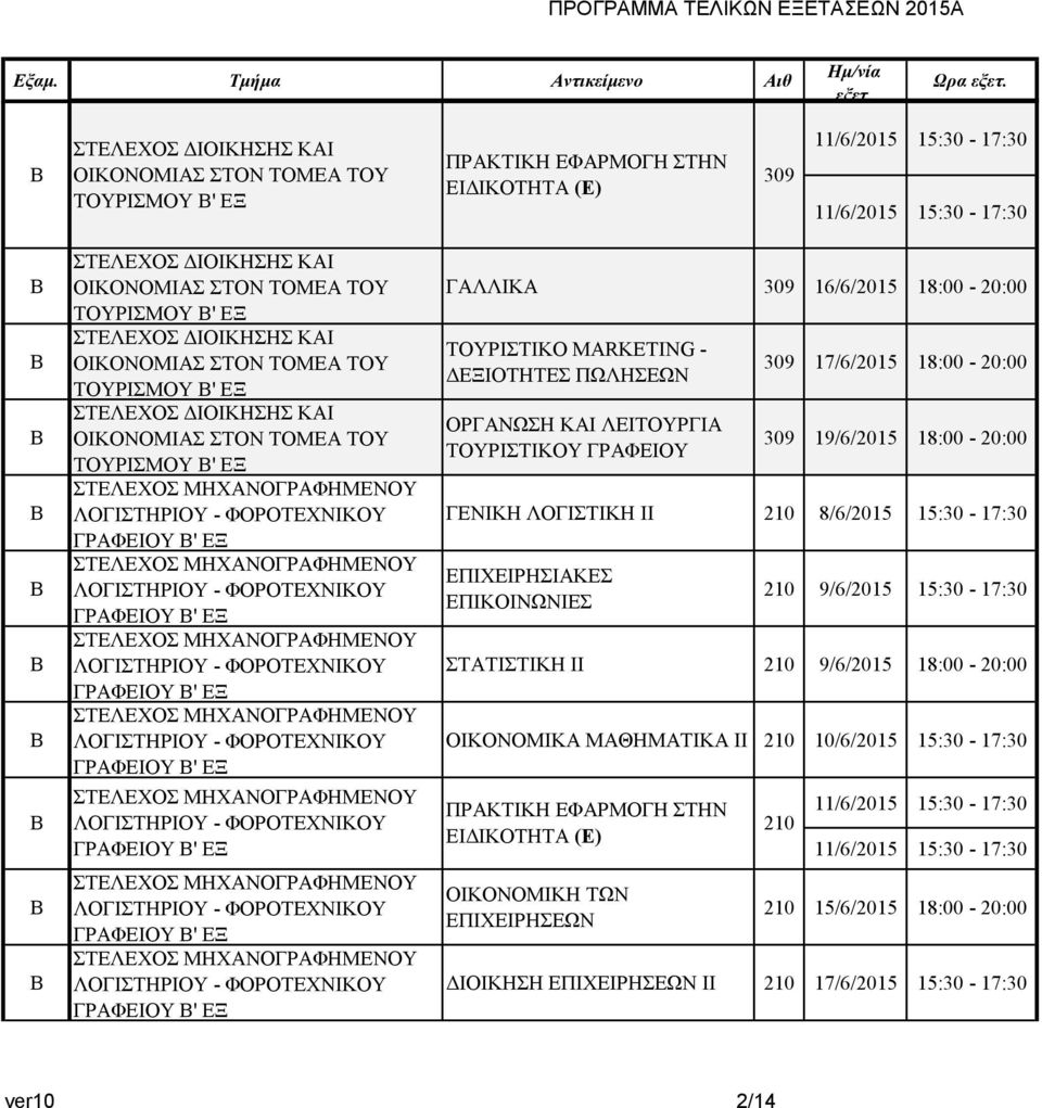 ΤΟΥΡΙΣΤΙΚΟΥ ΓΡΑΦΕΙΟΥ 309 17/6/2015 18:00-20:00 309 19/6/2015 18:00-20:00 ΓΕΝΙΚΗ ΛΟΓΙΣΤΙΚΗ ΙΙ 210 8/6/2015 15:30-17:30 ΕΠΙΧΕΙΡΗΣΙΑΚΕΣ ΕΠΙΚΟΙΝΩΝΙΕΣ 210 9/6/2015 15:30-17:30 ΣΤΑΤΙΣΤΙΚΗ ΙΙ 210
