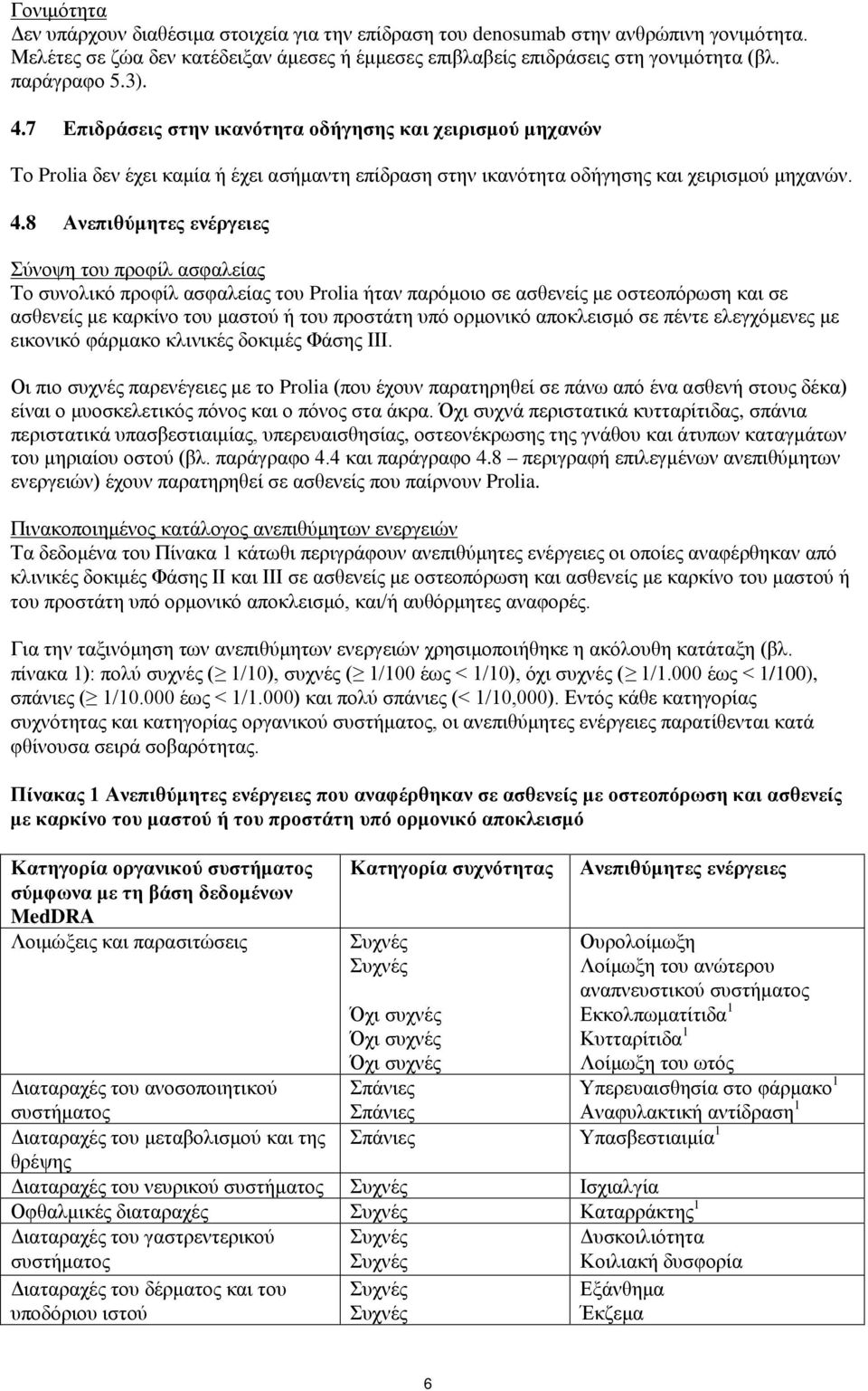 7 Επιδράσεις στην ικανότητα οδήγησης και χειρισμού μηχανών Το Prolia δεν έχει καμία ή έχει ασήμαντη επίδραση στην ικανότητα οδήγησης και χειρισμού μηχανών. 4.