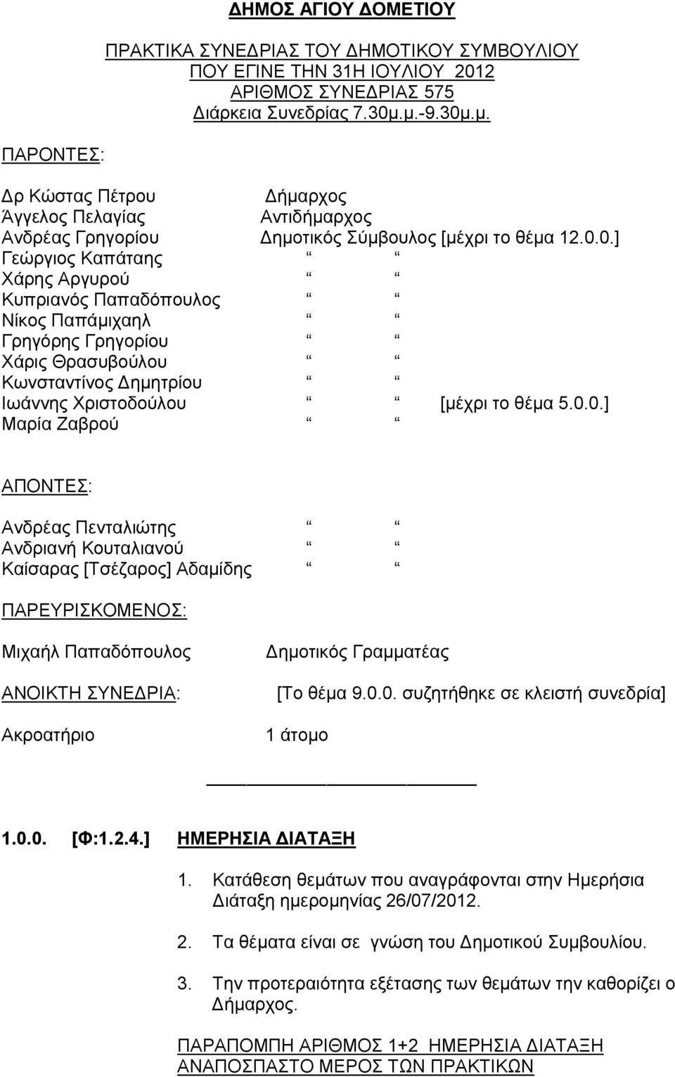 0.0.] Μαρία Ζαβρού ΑΠΟΝΤΕΣ: Ανδρέας Πενταλιώτης Ανδριανή Κουταλιανού Καίσαρας [Τσέζαρος] Αδαμίδης ΠΑΡΕΥΡΙΣΚΟΜΕΝΟΣ: Μιχαήλ Παπαδόπουλος ΑΝΟΙΚΤΗ ΣΥΝΕΔΡΙΑ: Ακροατήριο Δημοτικός Γραμματέας [Το θέμα 9.0.0. συζητήθηκε σε κλειστή συνεδρία] 1 άτομο 1.