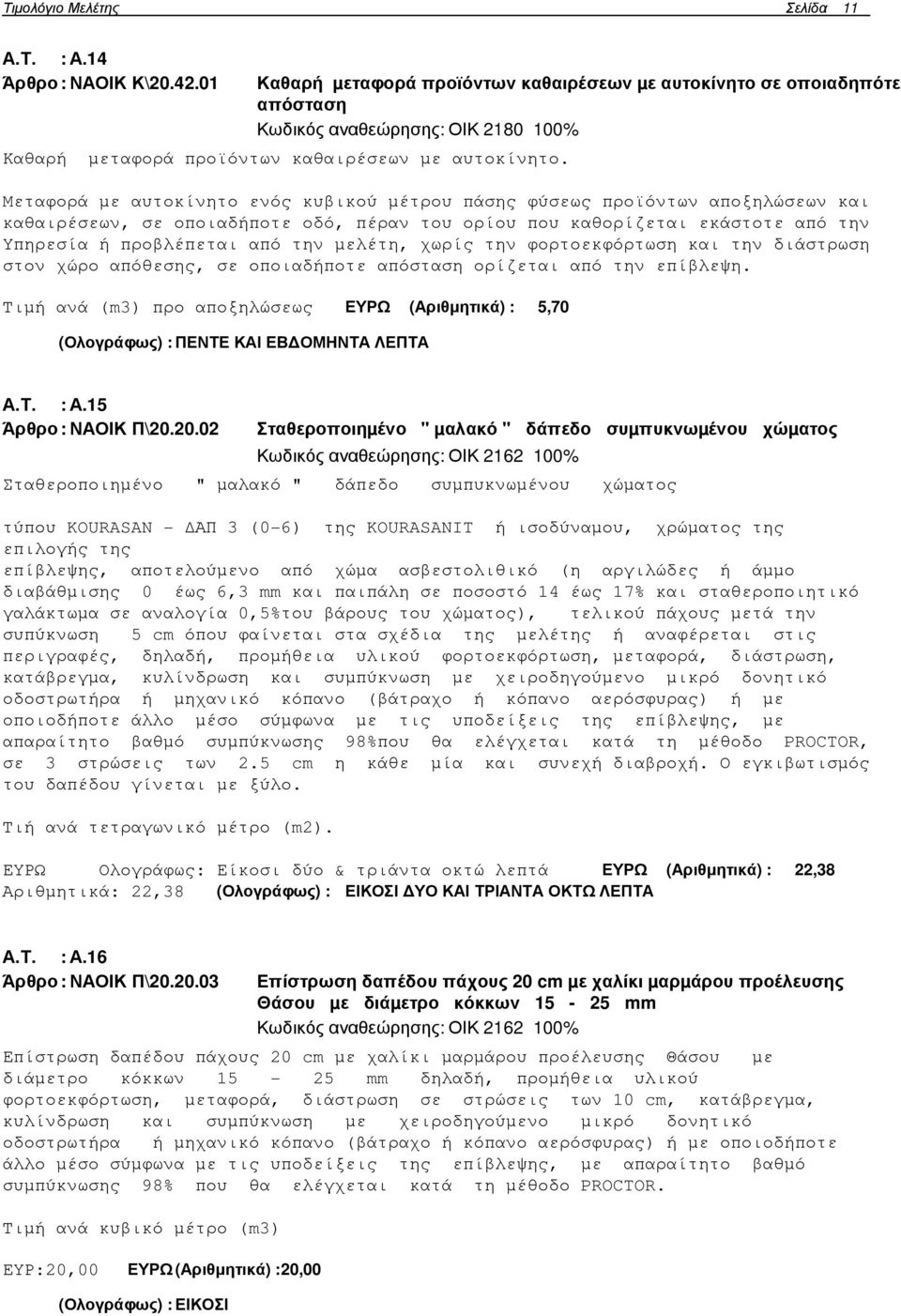 Mεταφορά µε αυτοκίνητο ενός κυβικού µέτρου πάσης φύσεως προϊόντων αποξηλώσεων και καθαιρέσεων, σε οποιαδήποτε οδό, πέραν του ορίου που καθορίζεται εκάστοτε από την Υπηρεσία ή προβλέπεται από την