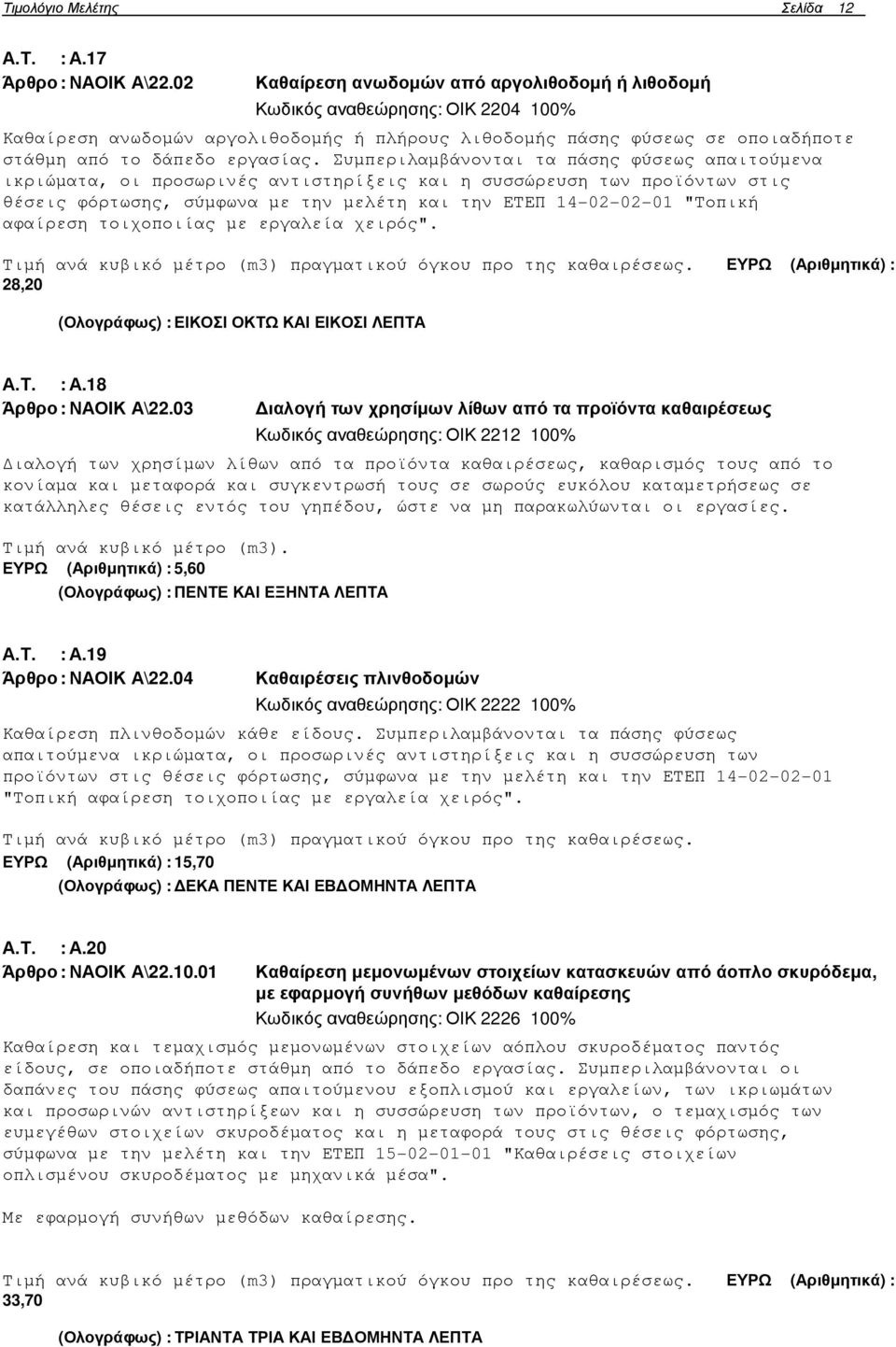 Συµπεριλαµβάνονται τα πάσης φύσεως απαιτούµενα ικριώµατα, οι προσωρινές αντιστηρίξεις και η συσσώρευση των προϊόντων στις θέσεις φόρτωσης, σύµφωνα µε την µελέτη και την ΕΤΕΠ 14-02-02-01 "Τοπική