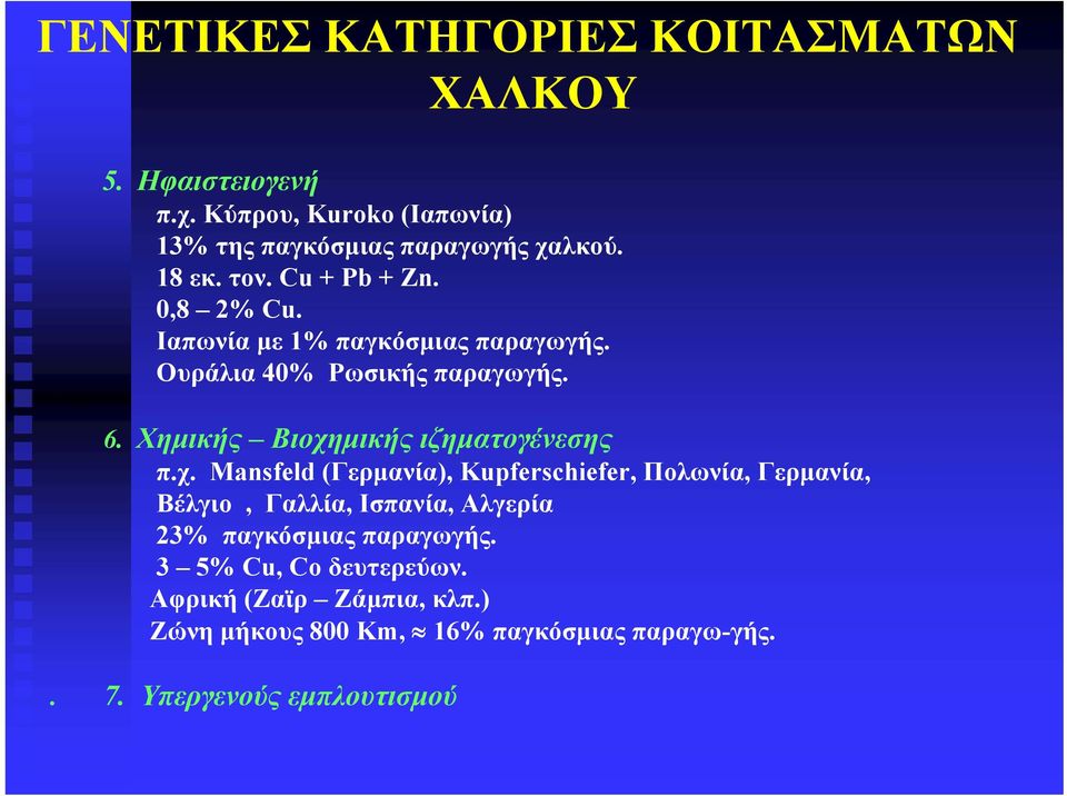 Χημικής Βιοχημικής ιζηματογένεσης π.χ. Mansfeld (Γερμανία), Kupferschiefer, Πολωνία, Γερμανία, Βέλγιο, Γαλλία, Ισπανία, Αλγερία 23% παγκόσμιας παραγωγής.