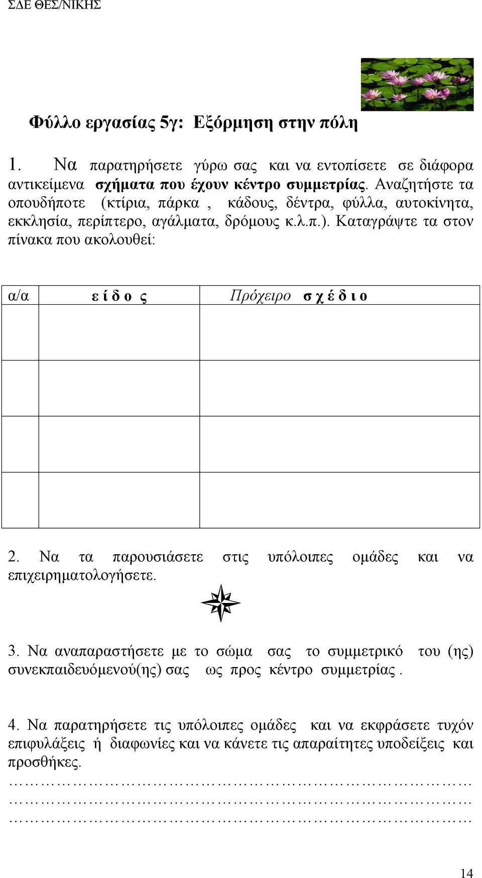 Καταγράψτε τα στον πίνακα που ακολουθεί: α/α ε ί δ ο ς Πρόχειρο σ χ έ δ ι ο 2. Να τα παρουσιάσετε στις υπόλοιπες ομάδες και να επιχειρηματολογήσετε. 3.