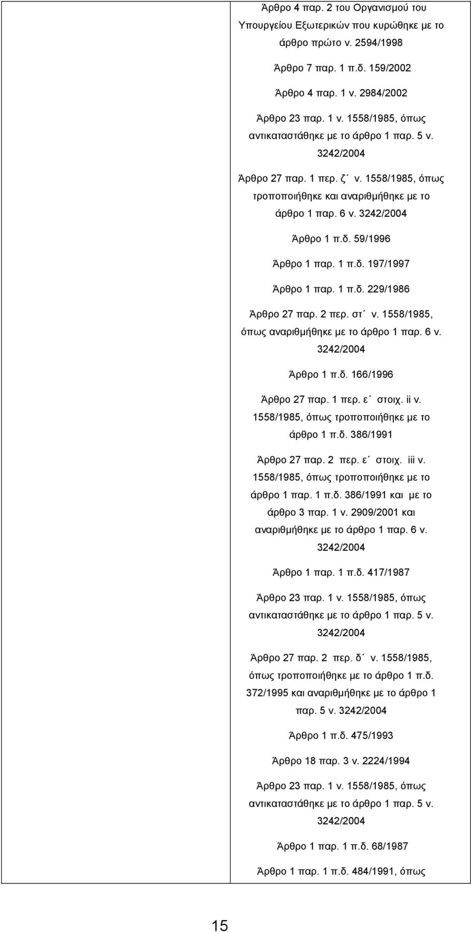 1558/1985, όπως αναριθµήθηκε µε το άρθρο 1 παρ. 6 ν. Άρθρο 1 π.δ. 166/1996 Άρθρο 27 παρ. 1 περ. ε στοιχ. ii ν. 1558/1985, όπως τροποποιήθηκε µε το άρθρο 1 π.δ. 386/1991 Άρθρο 27 παρ. 2 περ. ε στοιχ. iii ν.