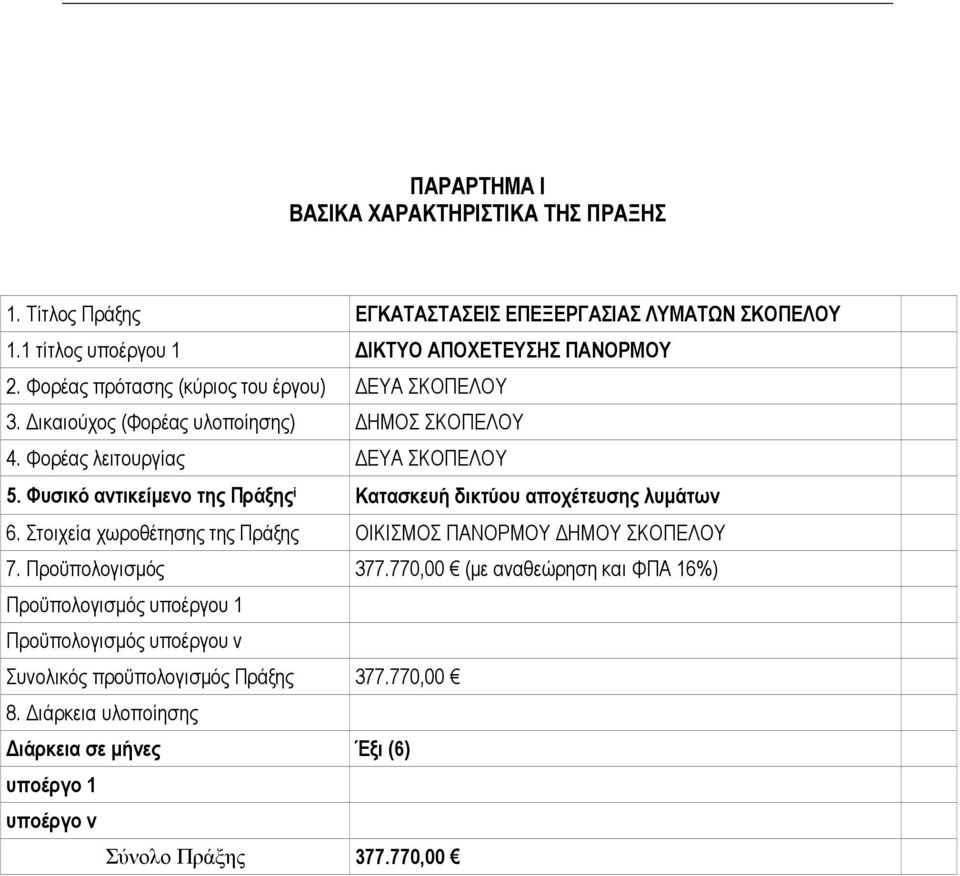 Φυσικό αντικείµενο της Πράξης i Κατασκευή δικτύου αποχέτευσης λυµάτων 6. Στοιχεία χωροθέτησης της Πράξης ΟΙΚΙΣΜΟΣ ΠΑΝΟΡΜΟΥ ΗΜΟΥ ΣΚΟΠΕΛΟΥ 7. Προϋπολογισµός 377.