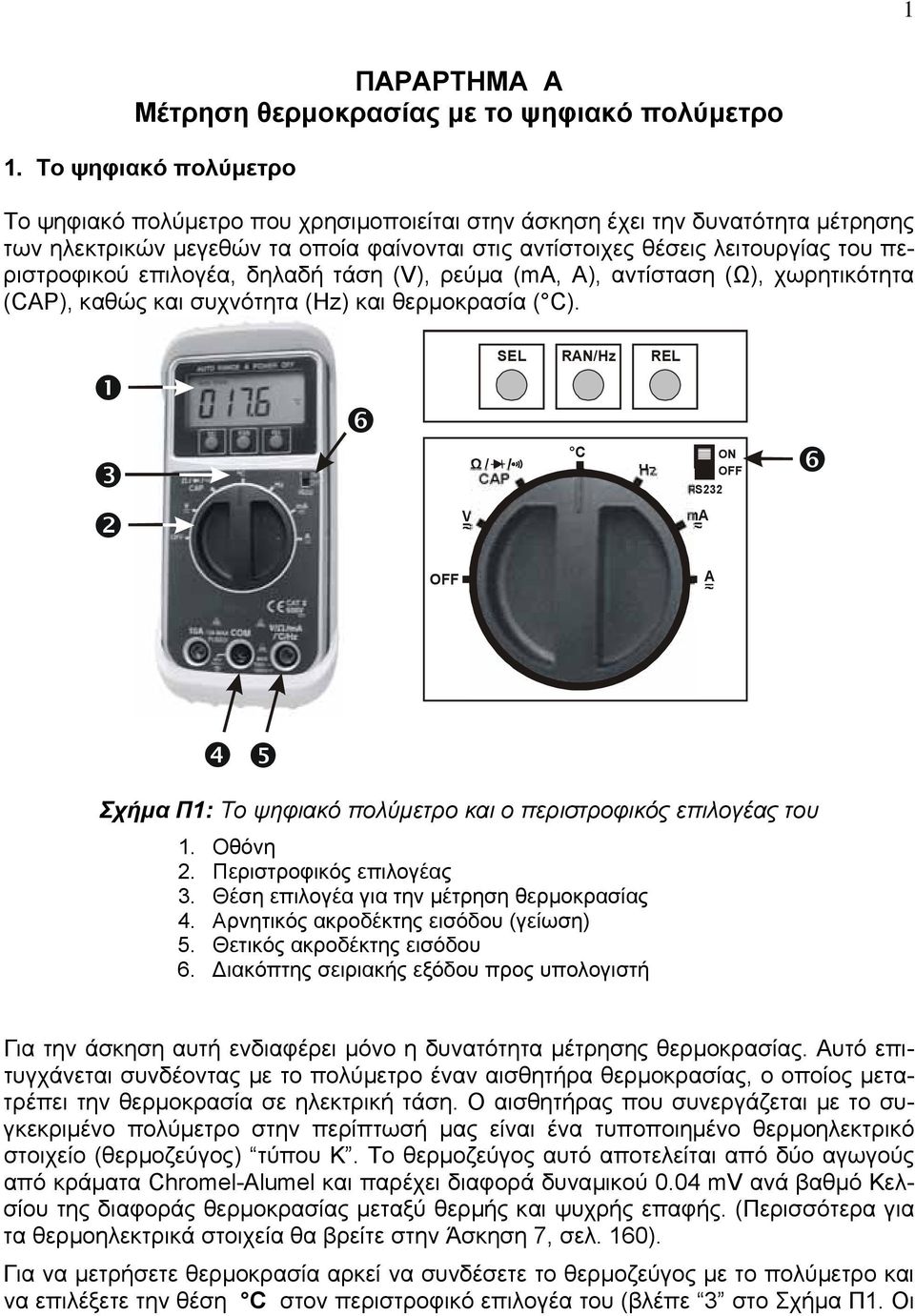 επιλογέα, δηλαδή τάση (V), ρεύµα (ma, A), αντίσταση (Ω), χωρητικότητα (CAP), καθώς και συχνότητα (Hz) και θερµοκρασία ( C).