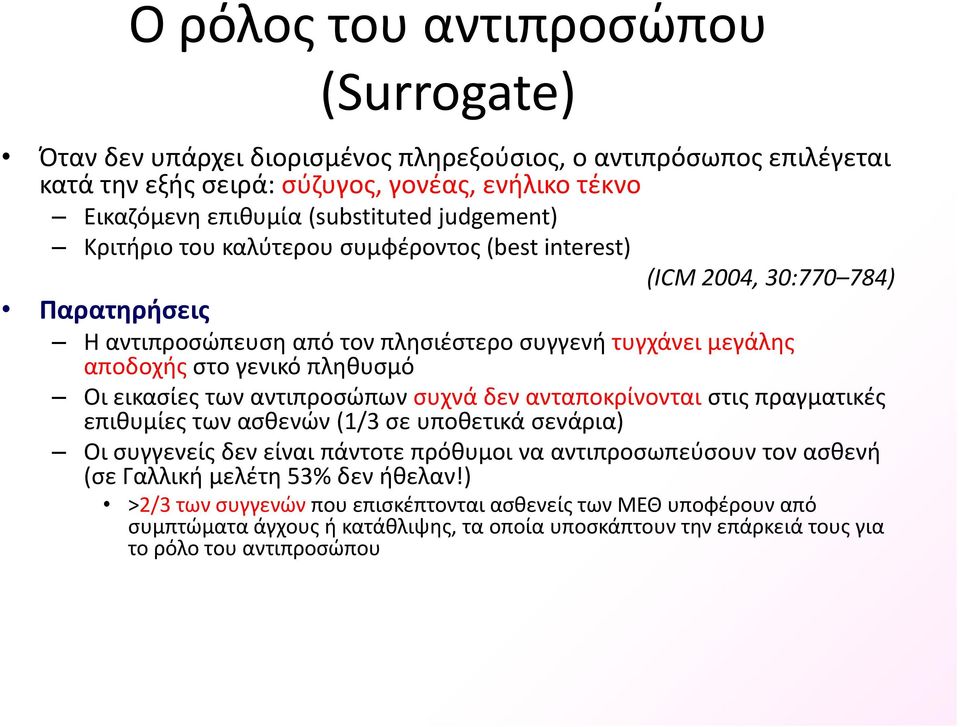 εικασίες των αντιπροσώπων συχνά δεν ανταποκρίνονται στις πραγματικές επιθυμίες των ασθενών (1/3 σε υποθετικά σενάρια) Οι συγγενείς δεν είναι πάντοτε πρόθυμοι να αντιπροσωπεύσουν τον ασθενή (σε