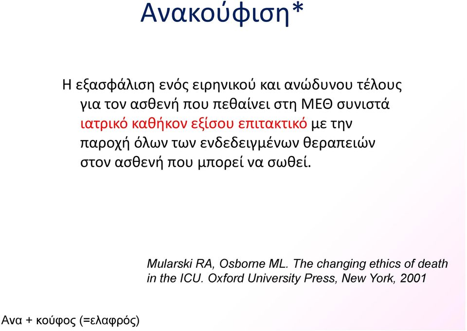ενδεδειγμένων θεραπειών στον ασθενή που μπορεί να σωθεί. Mularski RA, Osborne ML.
