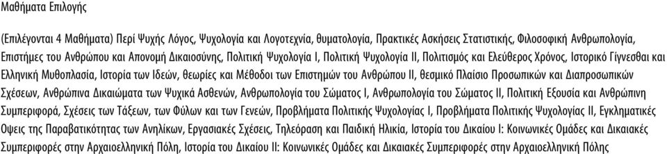 Ανθρώπου II, θεσμικό Πλαίσιο Προσωπικών και Διαπροσωπικών Σχέσεων, Ανθρώπινα Δικαιώματα των Ψυχικά Ασθενών, Ανθρωπολογία του Σώματος Ι, Ανθρωπολογία του Σώματος II, Πολιτική Εξουσία και Ανθρώπινη