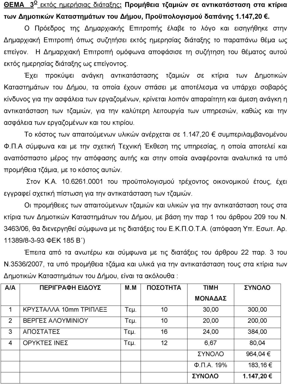 Η Δημαρχιακή Επιτροπή ομόφωνα αποφάσισε τη συζήτηση του θέματος αυτού εκτός ημερησίας διάταξης ως επείγοντος.