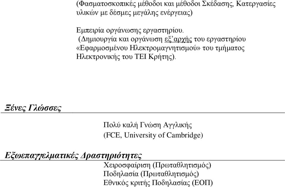 (Δημιουργία και οργάνωση εξ αρχής του εργαστηρίου «Εφαρμοσμένου Ηλεκτρομαγνητισμού» του τμήματος Ηλεκτρονικής
