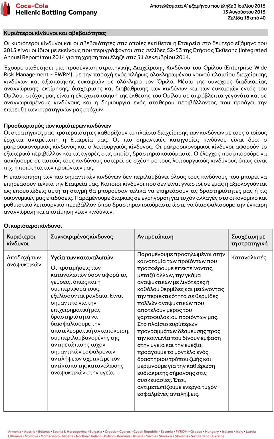 Έχουμε υιοθετήσει μια προσέγγιση στρατηγικής Διαχείρισης Κινδύνου του Ομίλου (Enterprise Wide Risk Management - EWRM), με την παροχή ενός πλήρως ολοκληρωμένου κοινού πλαισίου διαχείρισης κινδύνων και