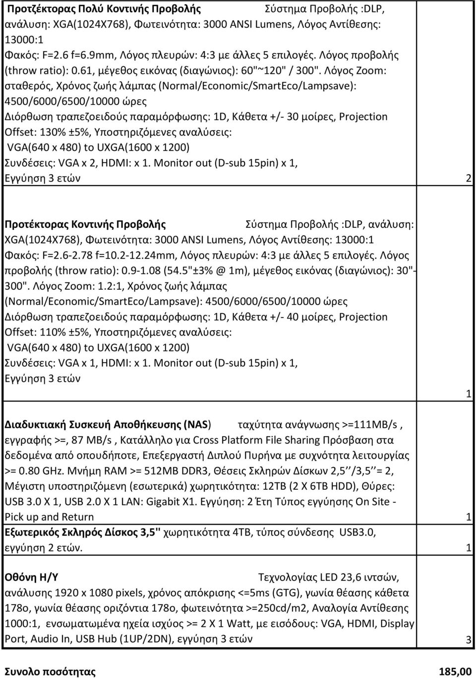 Λόγος Zoom: σταθερός, Χρόνος ζωής λάμπας (Normal/Economic/SmartEco/Lampsave): 4500/6000/6500/10000 ώρες Διόρθωση τραπεζοειδούς παραμόρφωσης: 1D, Κάθετα +/- 30 μοίρες, Projection Offset: 130% ±5%,