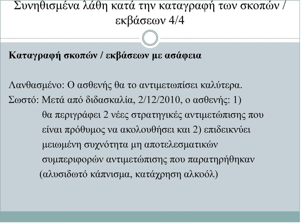 Σωστό: Μετά από διδασκαλία, 2/12/2010, ο ασθενής: 1) θα περιγράφει 2 νέες στρατηγικές αντιμετώπισης που