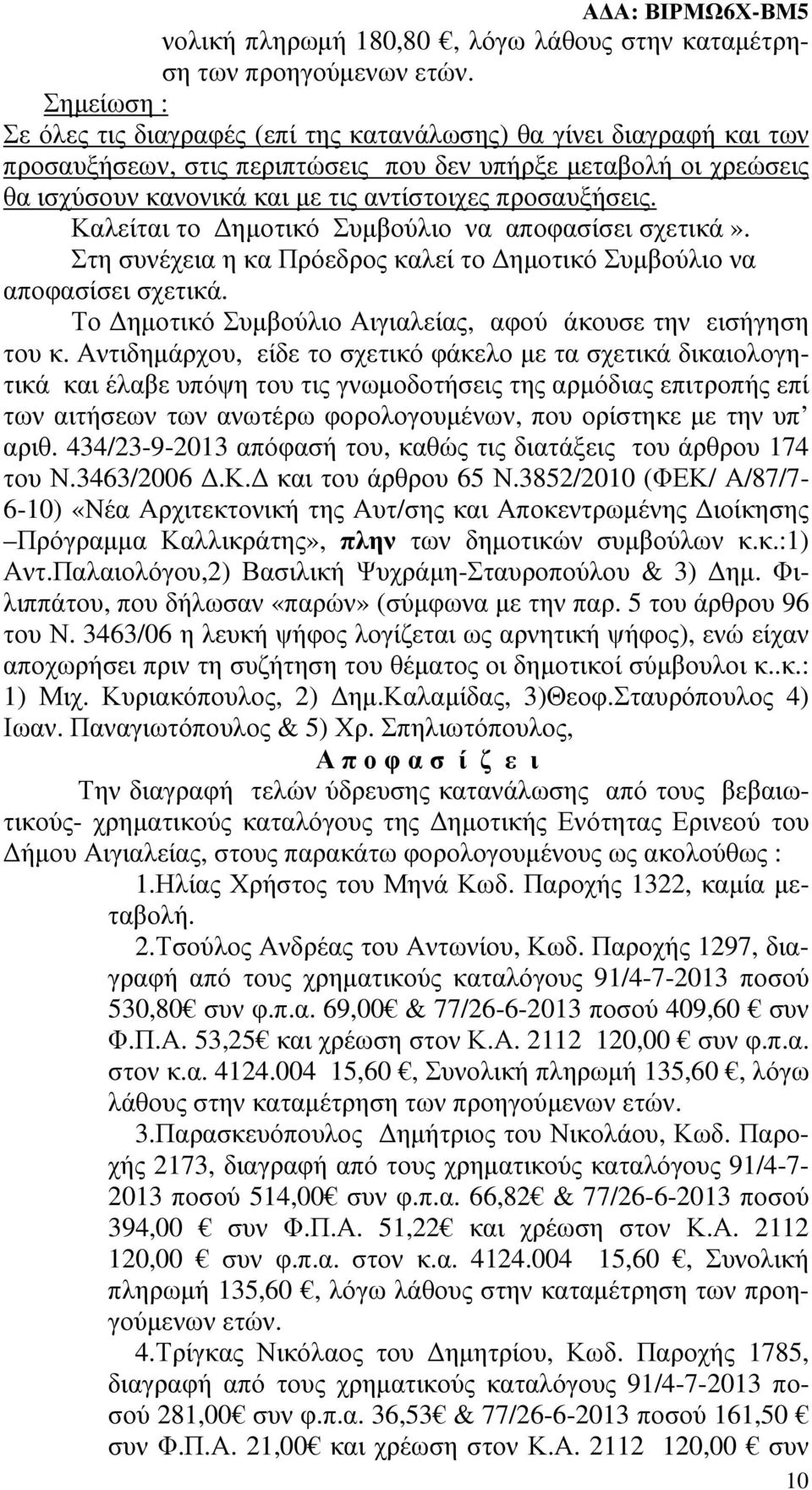 Το ηµοτικό Συµβούλιο Αιγιαλείας, αφού άκουσε την εισήγηση του κ.