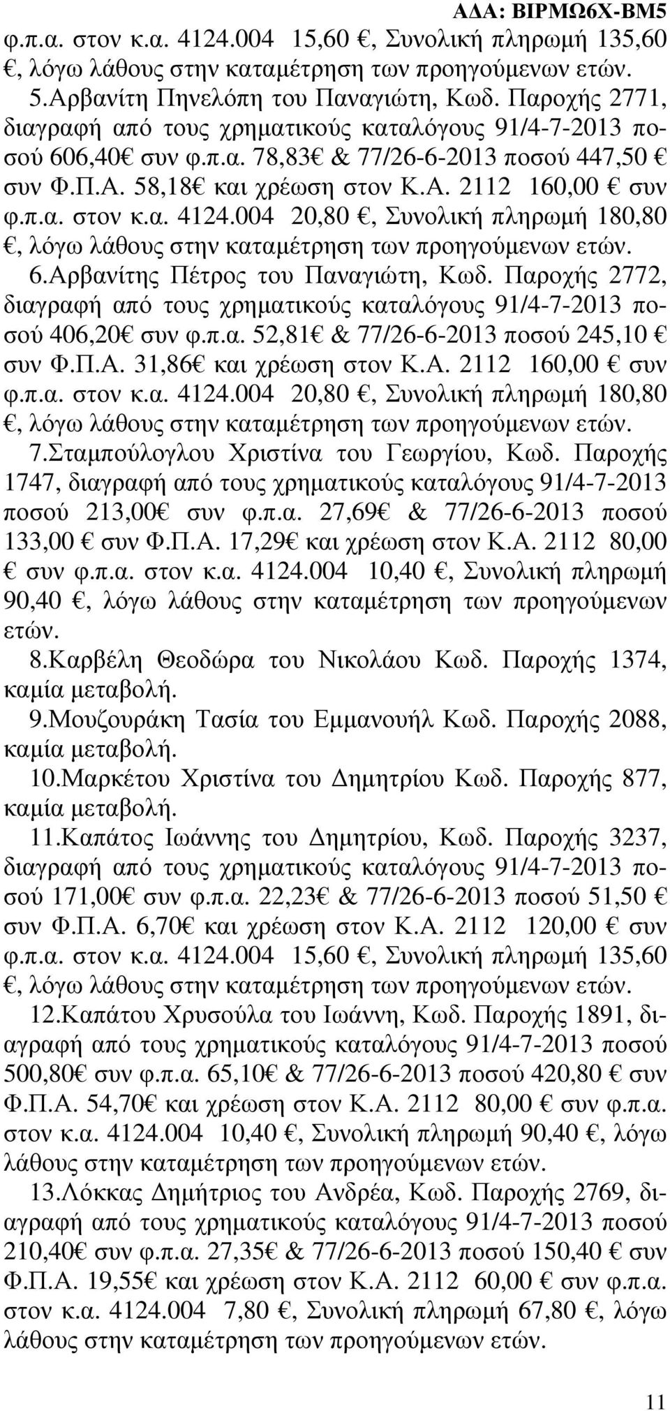 Παροχής 2772, διαγραφή 406,20 συν φ.π.α. 52,81 & 77/26-6-2013 ποσού 245,10 συν Φ.Π.Α. 31,86 και χρέωση στον Κ.Α. 2112 160,00 συν φ.π.α. στον κ.α. 4124.