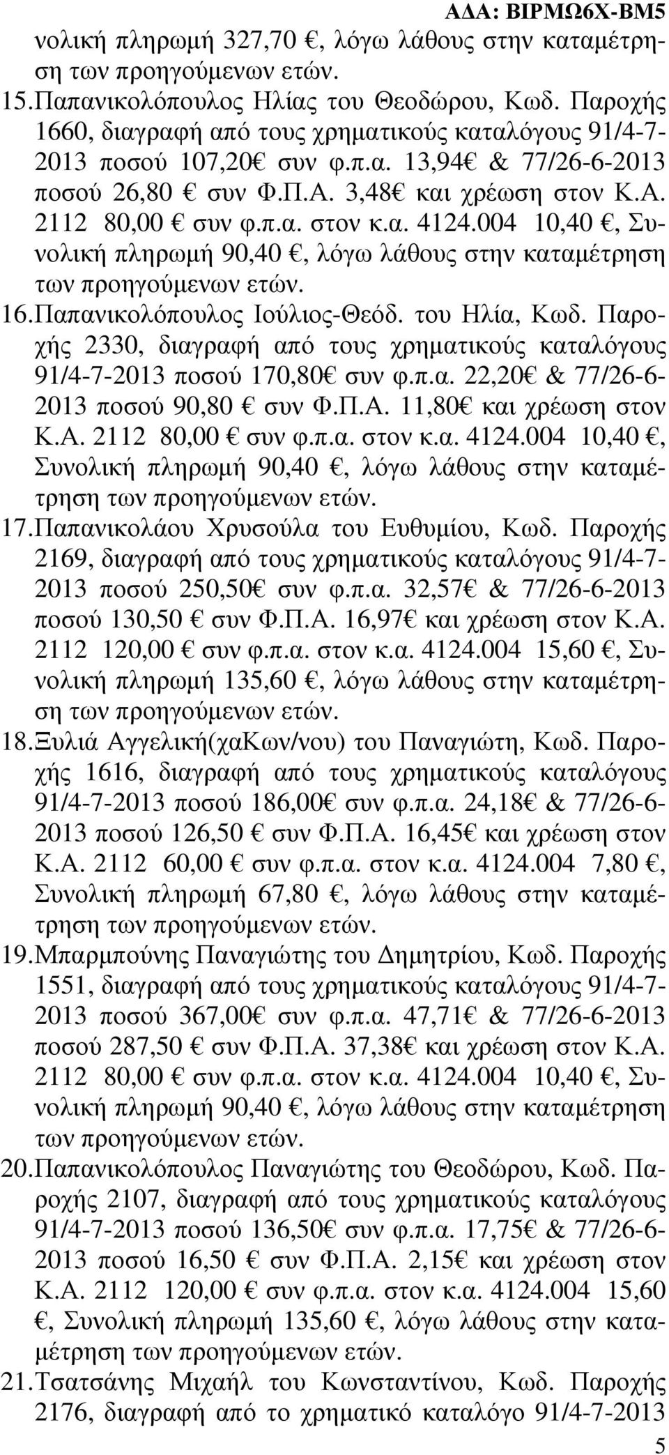 Παροχής 2330, διαγραφή από τους χρηµατικούς καταλόγους 91/4-7-2013 ποσού 170,80 συν φ.π.α. 22,20 & 77/26-6- 2013 ποσού 90,80 συν Φ.Π.Α. 11,80 και χρέωση στον Κ.Α. 2112 80,00 συν φ.π.α. στον κ.α. 4124.