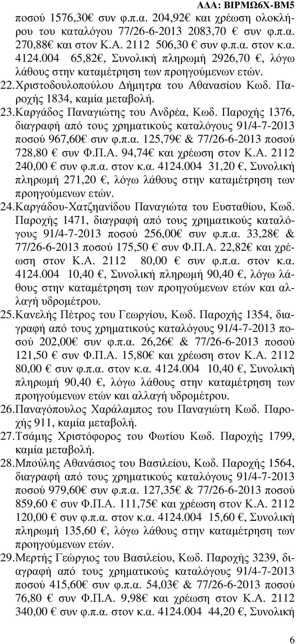 Παροχής 1376, ποσού 967,60 συν φ.π.α. 125,79 & 77/26-6-2013 ποσού 728,80 συν Φ.Π.Α. 94,74 και χρέωση στον Κ.Α. 2112 240,00 συν φ.π.α. στον κ.α. 4124.