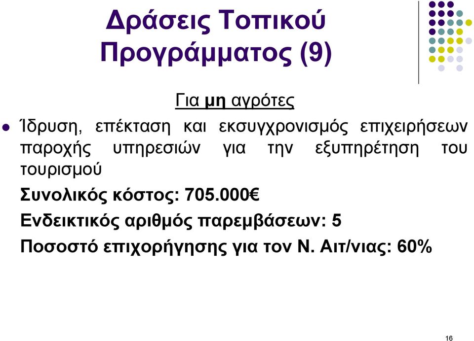 εξυπηρέτηση του τουρισµού Συνολικός κόστος: 705.