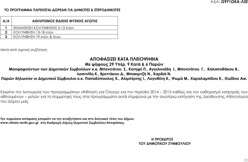, Βρεττάκου., Μπακιρτζή N., Καρδιά Ν. Παρών δήλωσαν οι ηµοτικοί Σύµβουλοι κ.κ. Παπαδόπουλος Κ., Αλιµπέρτης Ι., Λογοθέτη Κ., Ψωµά Μ., Χαραλαµπίδου Κ., Θωΐδου Αικ.