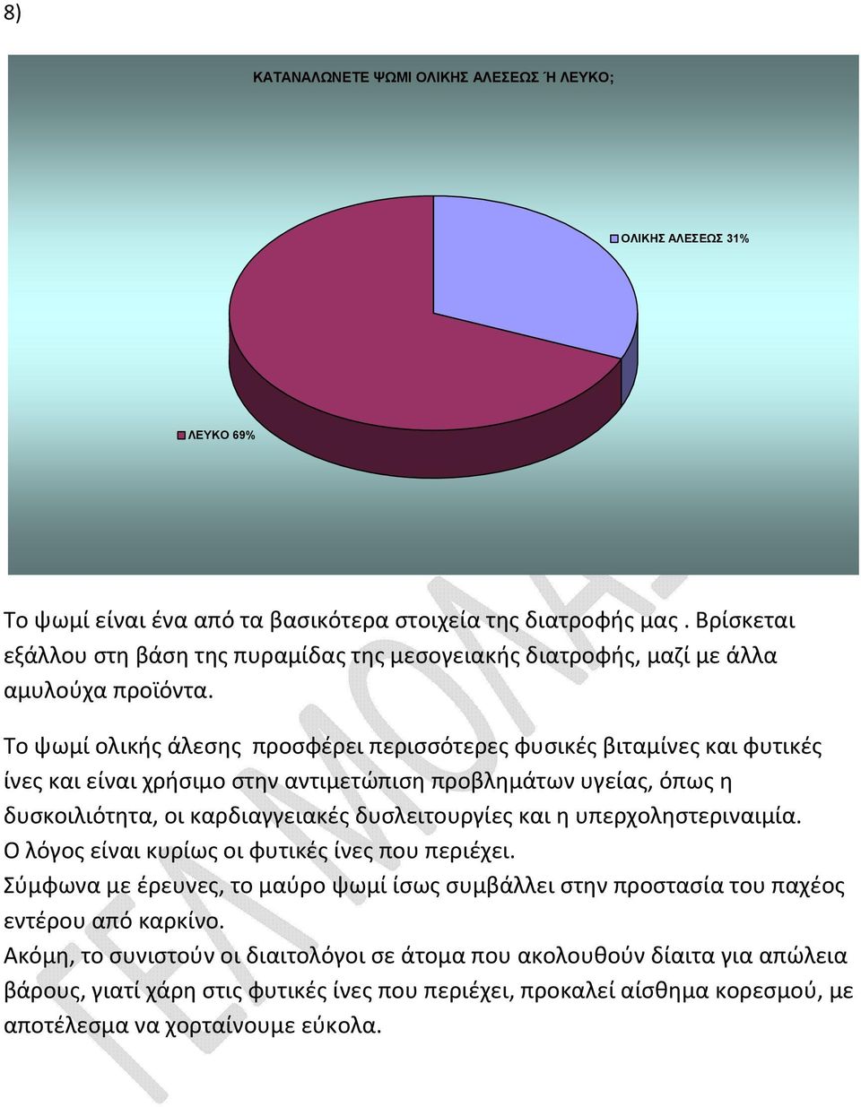 Το ψωμί ολικής άλεσης προσφέρει περισσότερες φυσικές βιταμίνες και φυτικές ίνες και είναι χρήσιμο στην αντιμετώπιση προβλημάτων υγείας, όπως η δυσκοιλιότητα, οι καρδιαγγειακές δυσλειτουργίες και η