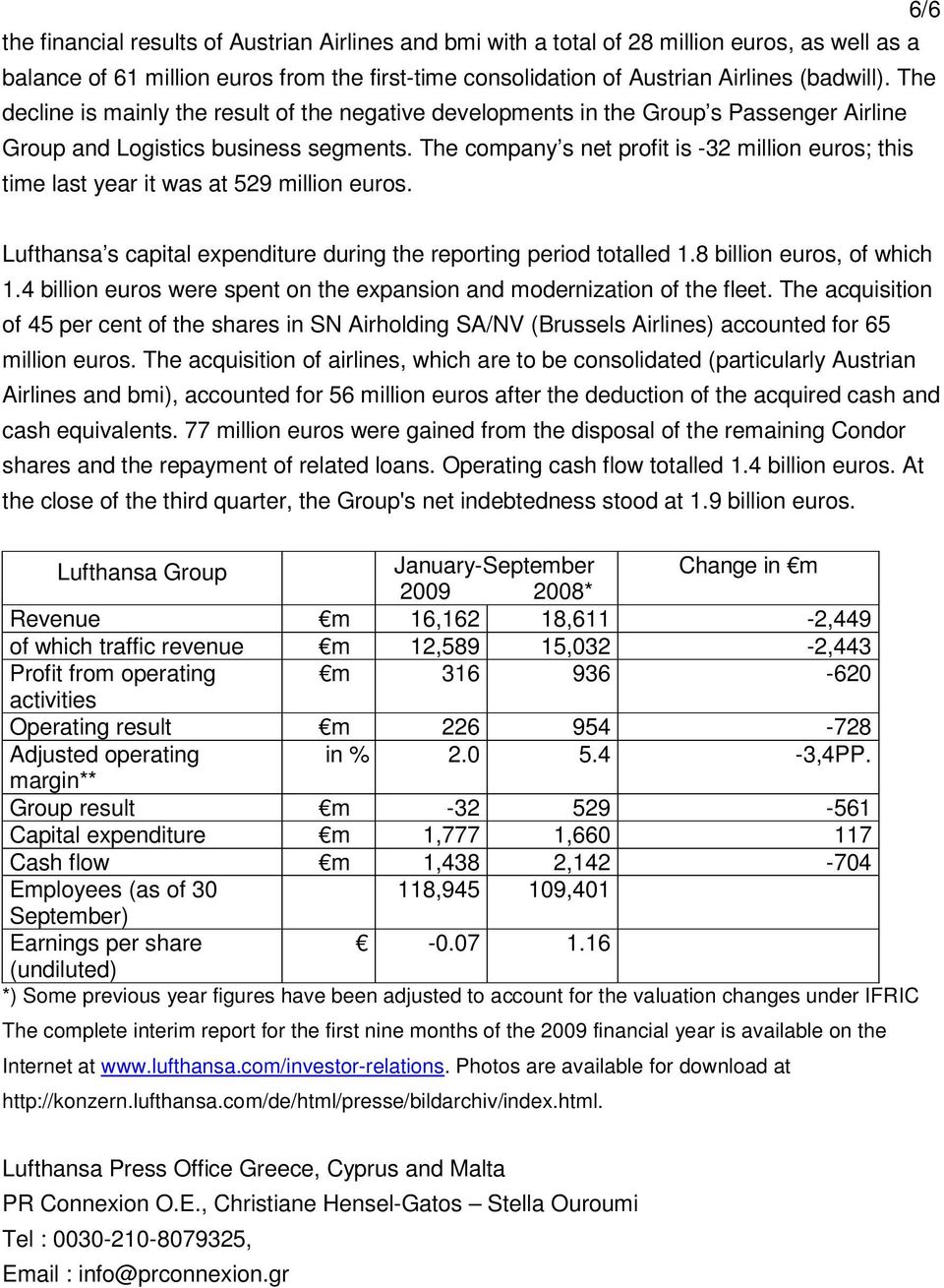 The company s net profit is -32 million euros; this time last year it was at 529 million euros. Lufthansa s capital expenditure during the reporting period totalled 1.8 billion euros, of which 1.