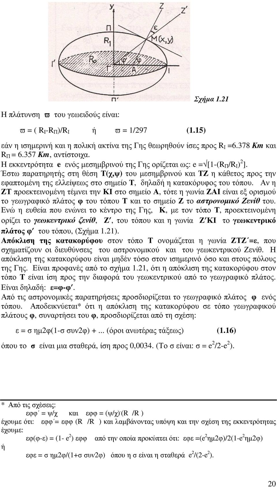 Έστω παρατηρητής στη θέση Τ(χ,ψ) του µεσηµβρινού και ΤΖ η κάθετος προς την εφαπτοµένη της ελλείψεως στο σηµείο Τ, δηλαδή η κατακόρυφος του τόπου.