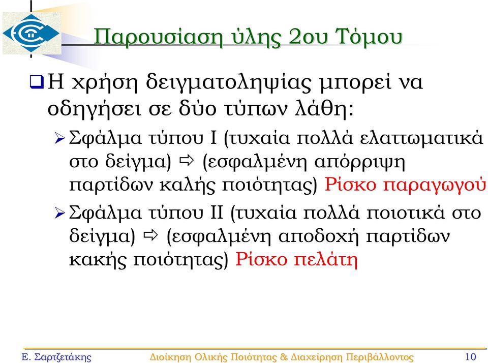 παραγωγού Σφάλμα τύπου ΙΙ (τυχαία πολλά ποιοτικά στο δείγμα) (εσφαλμένη αποδοχή