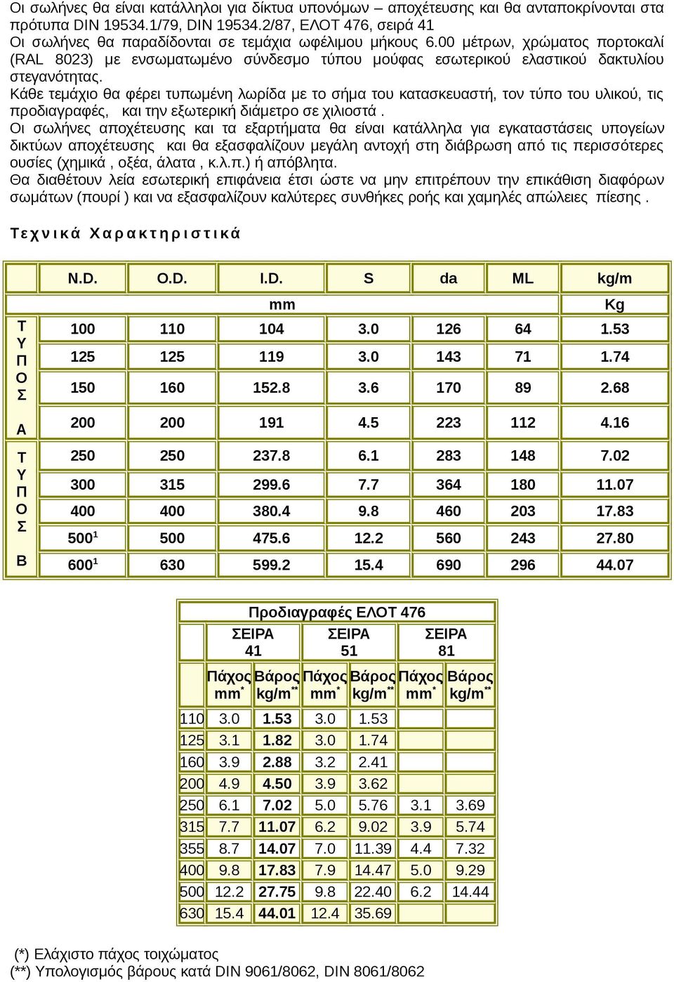 00 μέτρων, χρώματος πορτοκαλί (RAL 8023) με ενσωματωμένο σύνδεσμο τύπου μούφας εσωτερικού ελαστικού δακτυλίου στεγανότητας.