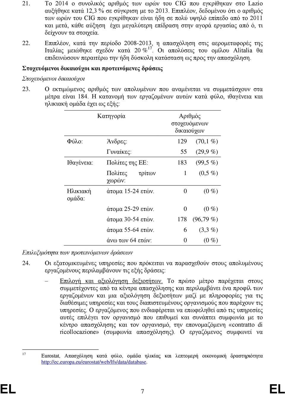 στοιχεία. 22. Επιπλέον, κατά την περίοδο 2008-2013, η απασχόληση στις αερομεταφορές της Ιταλίας μειώθηκε σχεδόν κατά 20 % 17.