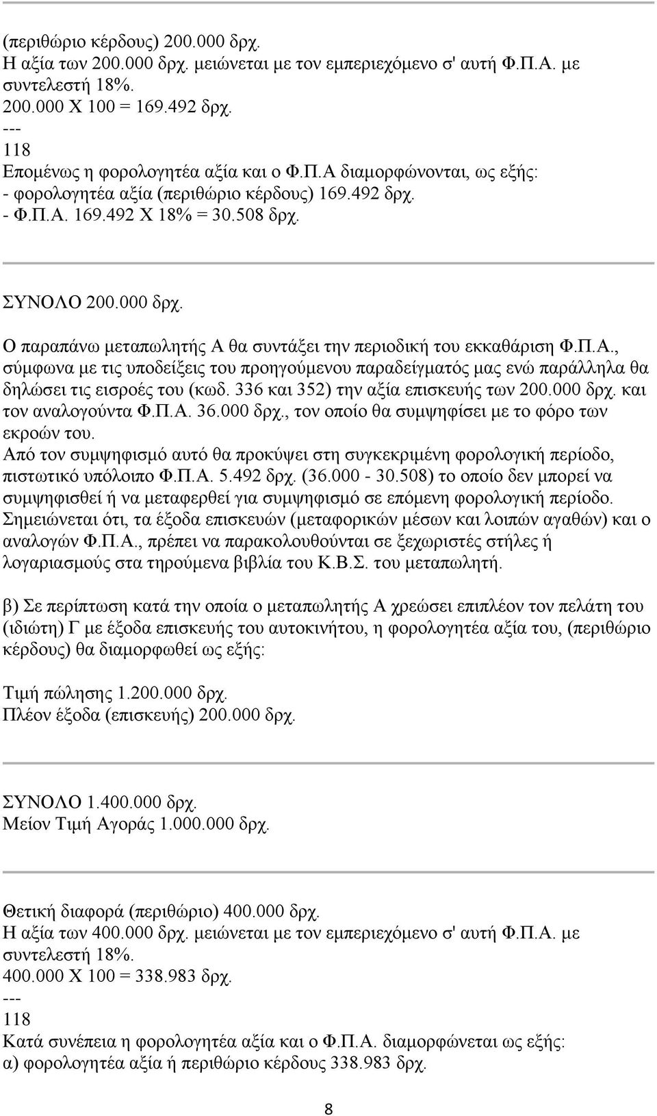 336 και 352) την αξία επισκευής των 200.000 δρχ. και τον αναλογούντα Φ.Π.Α. 36.000 δρχ., τον οποίο θα συμψηφίσει με το φόρο των εκροών του.