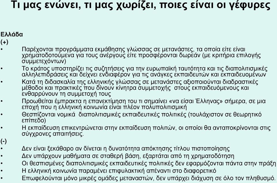 γλώσσας σε μετανάστες αξιοποιούνται διαδραστικές μέθοδοι και πρακτικές που δίνουν κίνητρα συμμετοχής στους εκπαιδευόμενους και ενθαρρύνουν τη συμμετοχή τους Προωθείται έμπρακτα η επανεκτίμηση του τι