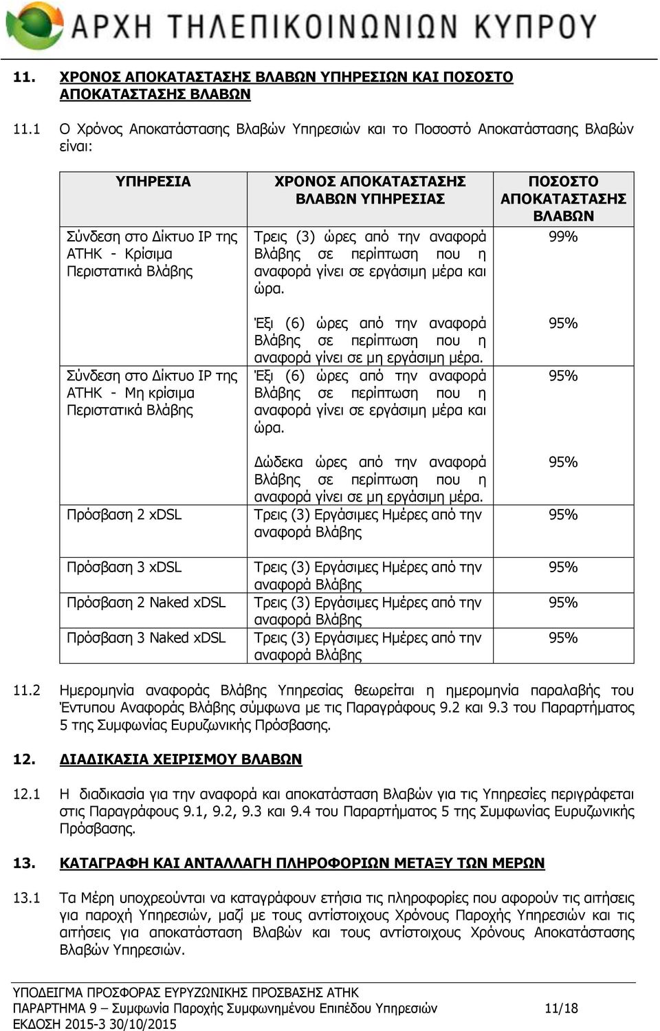 Περιστατικά Βλάβης Πρόσβαση 2 xdsl Πρόσβαση 3 xdsl Πρόσβαση 2 Νaked xdsl Πρόσβαση 3 Νaked xdsl ΧΡΟΝΟΣ ΑΠΟΚΑΤΑΣΤΑΣΗΣ ΒΛΑΒΩΝ ΥΠΗΡΕΣΙΑΣ Τρεις (3) ώρες από την αναφορά Βλάβης σε περίπτωση που η αναφορά