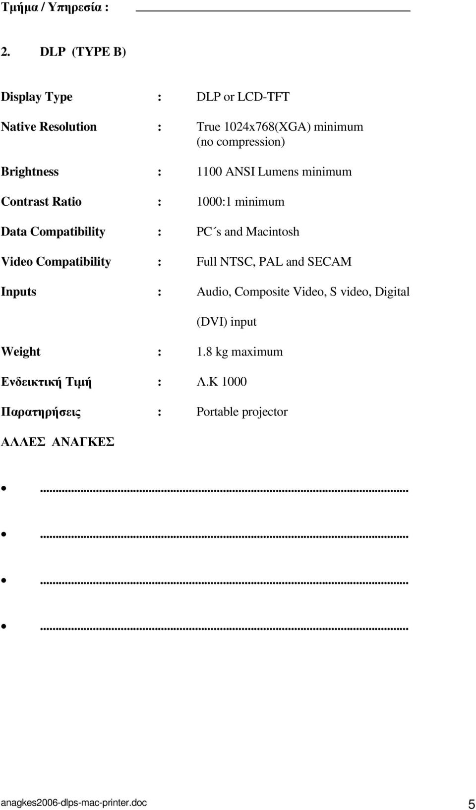 Brightness : 1100 ANSI Lumens minimum Contrast Ratio : 1000:1 minimum Data Compatibility : PC s and Macintosh Video
