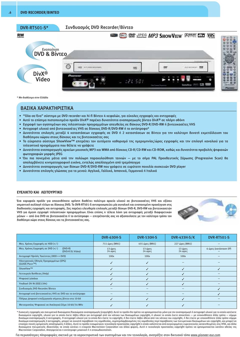 DVD-/DVD-W ή βιντεοκασέτες VHS Αντιγραφή υλικού από βιντεοκασέτες VHS σε δίσκους DVD-/DVD-W ή το αντίστροφο* υνατότητα επιλογής µεταξύ 4 καταστάσεων εγγραφής σε DVD ή 2 καταστάσεων σε Βίντεο για την