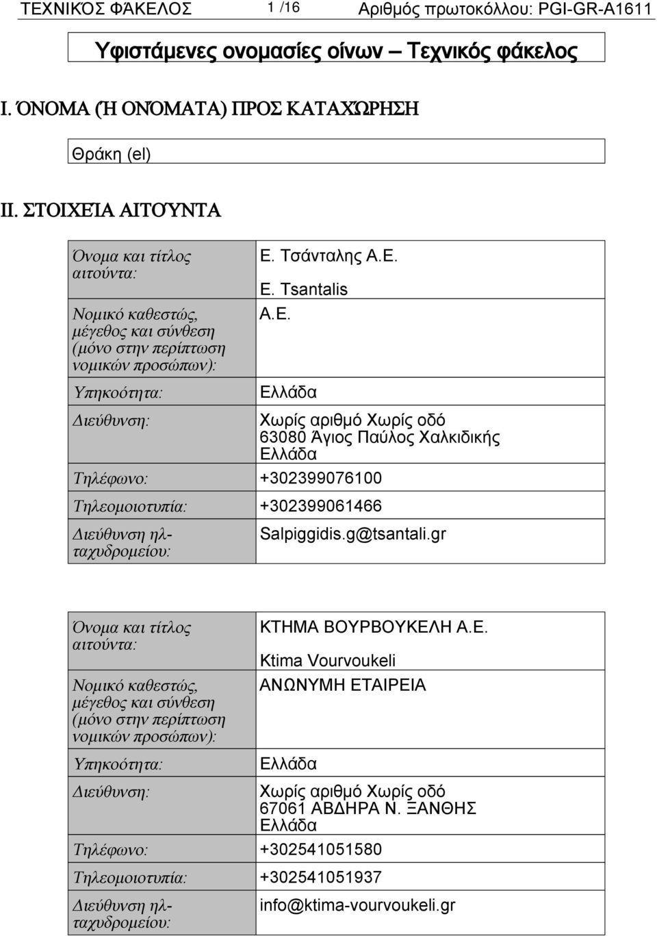 g@tsantali.gr Όνομα και τίτλος αιτούντα: Νομικό καθεστώς, μέγεθος και σύνθεση (μόνο στην περίπτωση νομικών προσώπων): Υπηκοότητα: ΚΤΗΜΑ ΒΟΥΡΒΟΥΚΕΛ