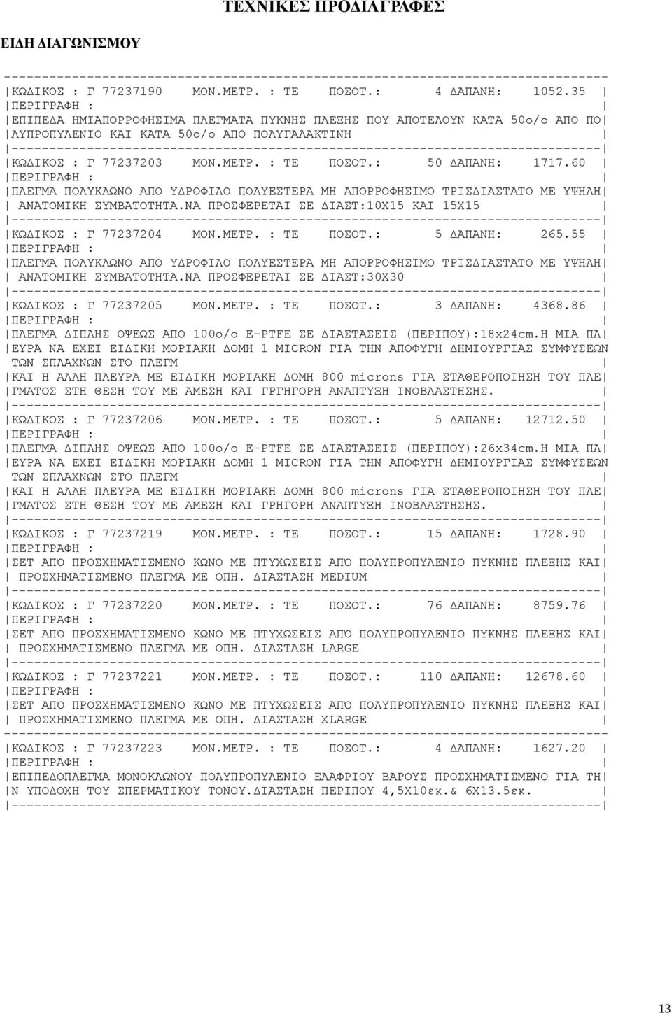 60 ΠΛΕΓΜΑ ΠΟΛΥΚΛΩΝΟ ΑΠΟ ΥΔΡΟΦΙΛΟ ΠΟΛΥΕΣΤΕΡΑ ΜΗ ΑΠΟΡΡΟΦΗΣΙΜΟ ΤΡΙΣΔΙΑΣΤΑΤΟ ΜΕ ΥΨΗΛΗ ΑΝΑΤΟΜΙΚΗ ΣΥΜΒΑΤΟΤΗΤΑ.ΝΑ ΠΡΟΣΦΕΡΕΤΑΙ ΣΕ ΔΙΑΣΤ:10Χ15 ΚΑΙ 15Χ15 ΚΩΔΙΚΟΣ : Γ 77237204 ΜΟΝ.ΜΕΤΡ. : ΤΕ ΠΟΣΟΤ.