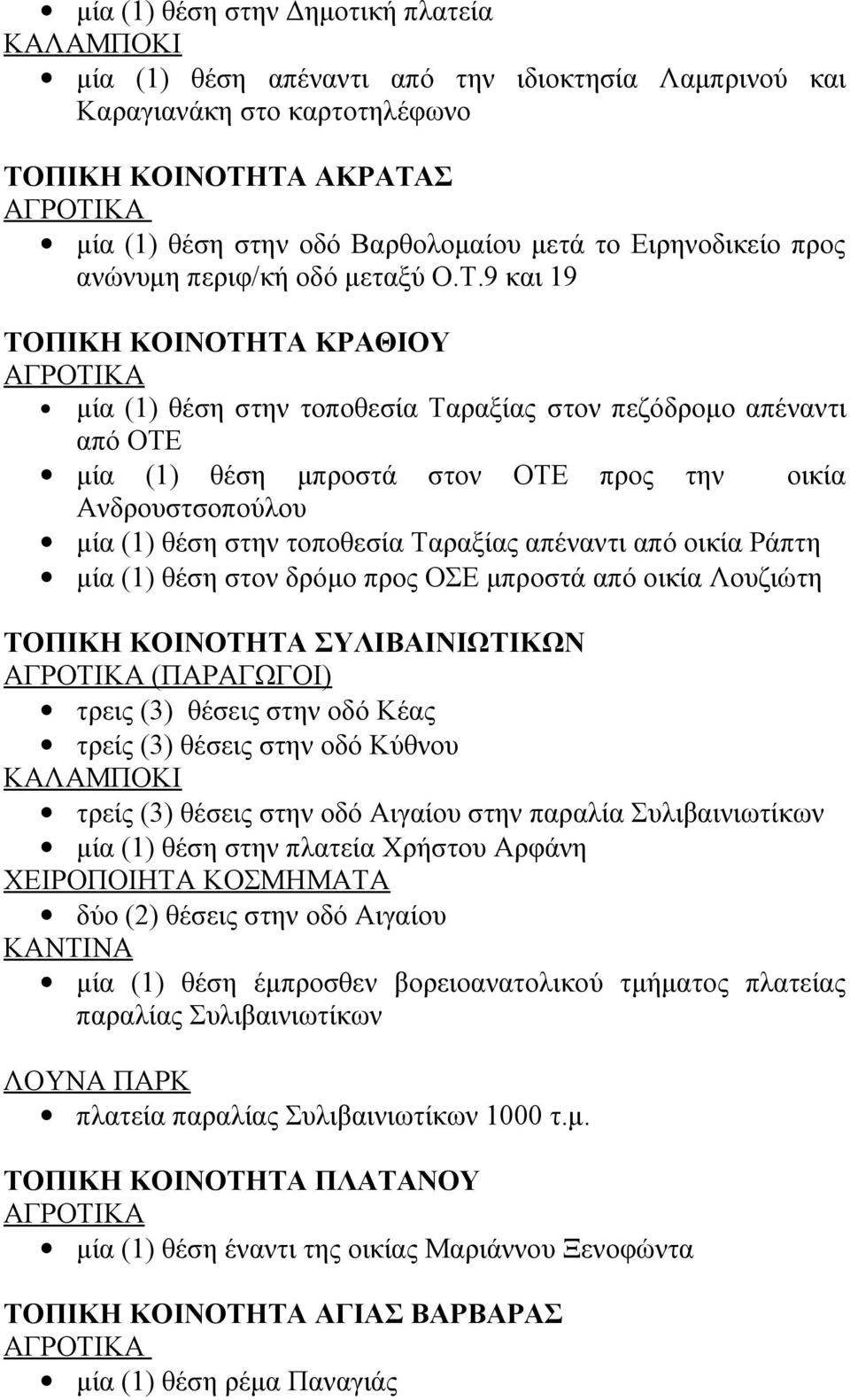 9 και 19 ΤΟΠΙΚΗ ΚΟΙΝΟΤΗΤΑ ΚΡΑΘΙΟΥ μία (1) θέση στην τοποθεσία Ταραξίας στον πεζόδρομο απέναντι από ΟΤΕ μία (1) θέση μπροστά στον ΟΤΕ προς την οικία Ανδρουστσοπούλου μία (1) θέση στην τοποθεσία