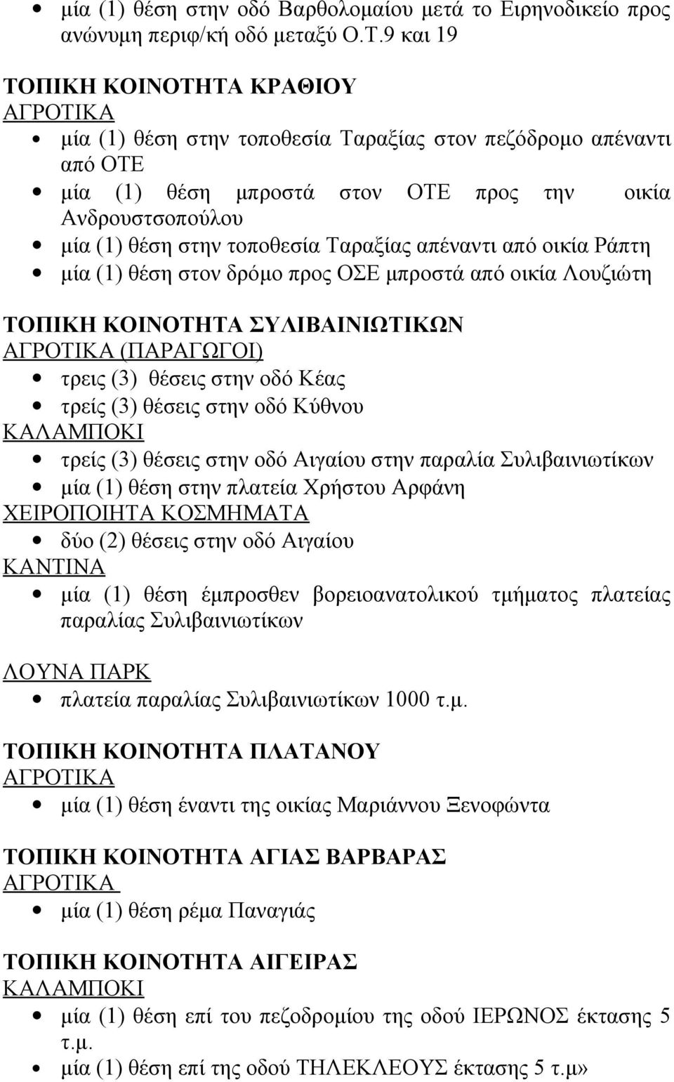Ταραξίας απέναντι από οικία Ράπτη μία (1) θέση στον δρόμο προς ΟΣΕ μπροστά από οικία Λουζιώτη ΤΟΠΙΚΗ ΚΟΙΝΟΤΗΤΑ ΣΥΛΙΒΑΙΝΙΩΤΙΚΩΝ (ΠΑΡΑΓΩΓΟΙ) τρεις (3) θέσεις στην οδό Κέας τρείς (3) θέσεις στην οδό