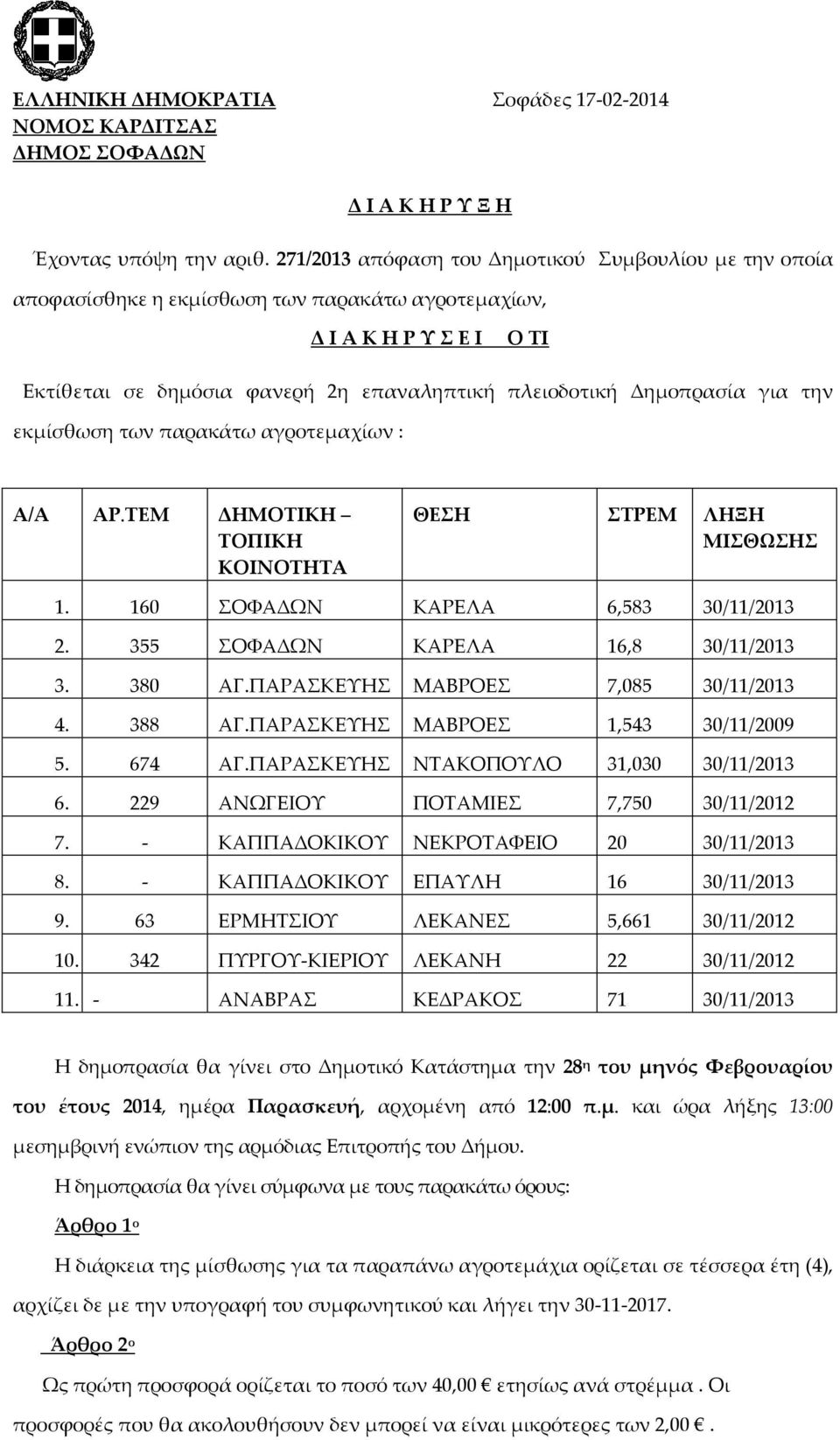 για την εκμίσθωση των παρακάτω αγροτεμαχίων : Α/Α ΑΡ.ΤΕΜ ΔΗΜΟΤΙΚΗ ΤΟΠΙΚΗ ΚΟΙΝΟΤΗΤΑ ΘΕΣΗ ΣΤΡΕΜ ΛΗΞΗ ΜΙΣΘΩΣΗΣ 1. 160 ΣΟΦΑΔΩΝ ΚΑΡΕΛΑ 6,583 30/11/2013 2. 355 ΣΟΦΑΔΩΝ ΚΑΡΕΛΑ 16,8 30/11/2013 3. 380 ΑΓ.