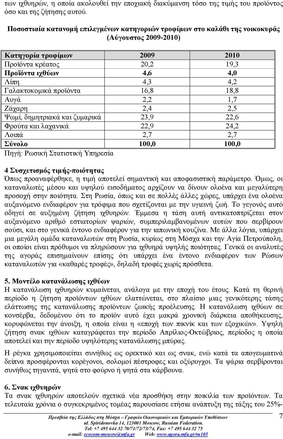 Γαλακτοκομικά προϊόντα 16,8 18,8 Αυγά 2,2 1,7 Ζάχαρη 2,4 2,5 Ψωμί, δημητριακά και ζυμαρικά 23,9 22,6 Φρούτα και λαχανικά 22,9 24,2 Λοιπά 2,7 2,7 Σύνολο 100,0 100,0 Πηγή: Ρωσική Στατιστική Υπηρεσία 4