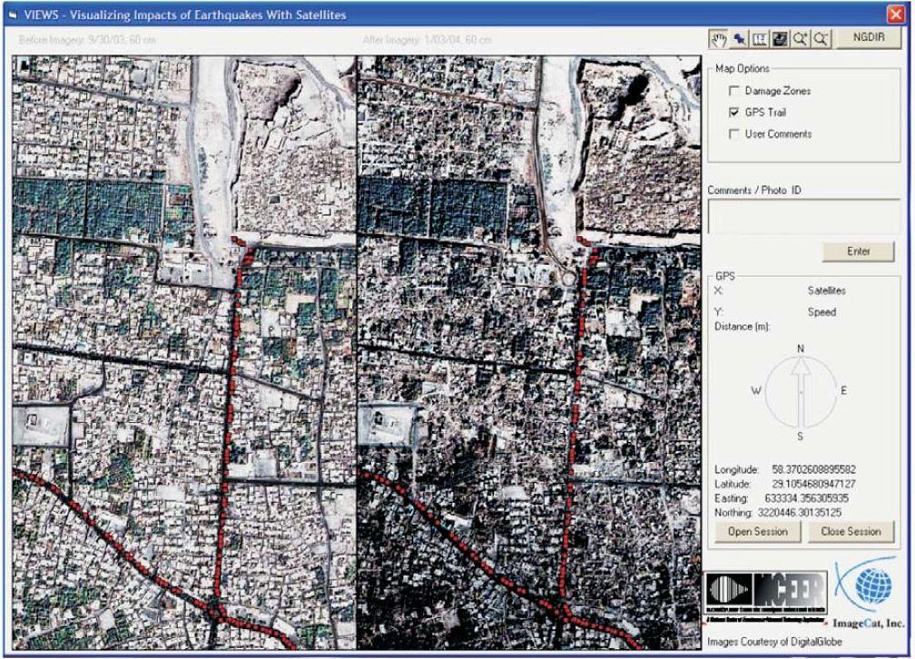 Αναγνώριση πεδίου μέσω του συστήματος VIEWS - Visualizing Impacts of Earthquakes With Satellites Ο σεισμός στην πόλη Bam, ήταν η πρώτη φορά που εφαρμόστηκε το εργαλείο μετασεισμικής αναγνώρισης, στο