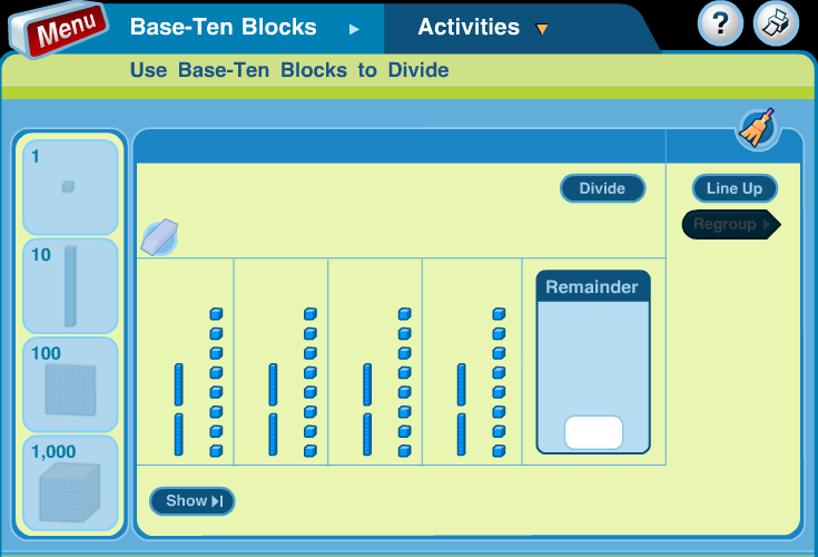 2.2 Ιστοσελίδα http://wwwk6.thinkcentral.com/content/hsp/math/hspmath/na/common/itools_int_97805475849 97_/basetenblocks.html Από την αρχική σελίδα επιλέγουμε τη Δραστηριότητα 6 ( Divide ).