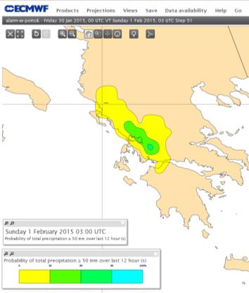 Εικόνα 4: Χωρική κατανομή των πιθανοτήτων του Πίνακα 1 για την προγνωστική ώρα 1/2 03UTC.