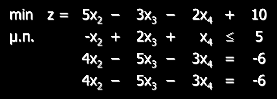 Παράδειγμα (2) Μετά την απαλοιφή της x 1 από την αντικειμενική συνάρτηση και τους