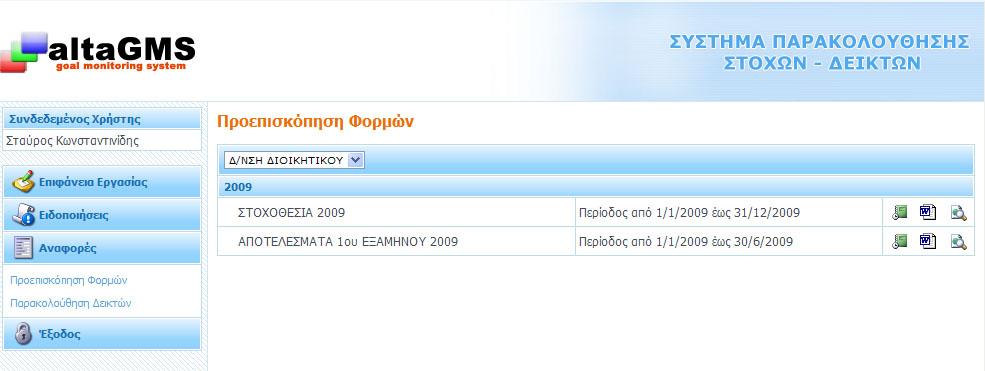5.1 Προεπιςκόπηςη Φορμών Η ςυγκεκριμζνθ επιλογι του μενοφ οδθγεί τον χριςτθ ςτθν οκόνθ εμφάνιςθσ τθσ ςυγκεντρωτικισ λίςτασ των υποβεβλθμζνων φορμών τθσ Διεφκυνςθσ ι των Διευκφνςεων ςτισ οποίεσ