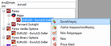 Συναλλαγές: καταχώρηση & τύποι εντολών Κάνοντας δεξί κλικ στο ζεύγος της επιλογής σας θα εμφανιστεί ένα ακόμα μενού, στο οποίο μπορείτε να επιλέξτε «Συναλλαγές».