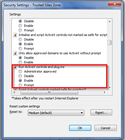 Αρχή Πιστοποίησης Ελληνικού Δημοσίου 3) Εκτέλεση στοιχείων ελέγχου ActiveX και προσθηκών Ενεργοποίηση (Run ActiveX controls and Plugins = Enable) - Εικόνα