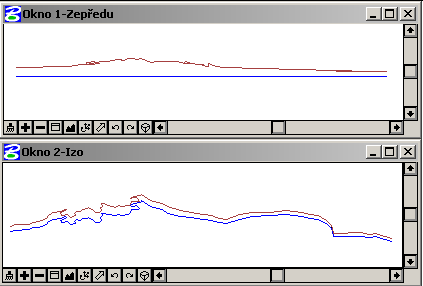 Obr. 8: Dvoj (modrá) a trojrozmerné (hnedá) zobrazenie počítanej cesty (aplikácia Bentley MicroStation).