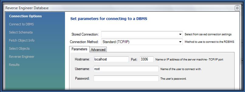 ΣΧΉΜΑ XVII Reverse Engineer Database Ακολούθως, θα πρέπει να επιλέξει ποια από τις ήδη υπάρχουσες βάσεις δεδομένων θέλει να εισάγει. Στο παράδειγμα επιλέγεται η test.
